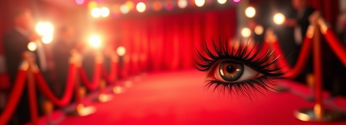 eyelash extensions glam, glamorous, winking, photorealistic, extravagant movie premiere with red carpet, highly detailed, camera flashes reflecting on lashes, ISO 800, luxurious reds and silvers, spotlight lighting, shot with a 135mm lens.