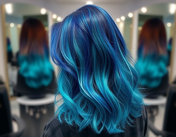 haircolor artistry, showcasing a masterful blend, highlighting expert technique, photorealistic, set in an upscale hair studio surrounded by mirrors, highly detailed, dynamic interplay of colors and shades, high definition, electric blue and teal, diffused lighting, shot with a 85mm lens.