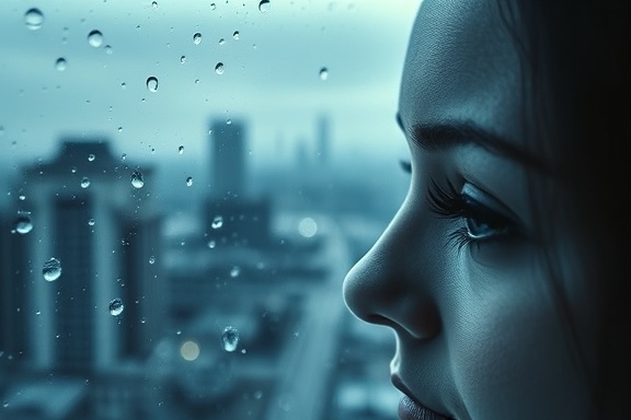 classic eyelash extensions, thoughtful, gazing, photorealistic, window view of a rainy cityscape, highly detailed, droplets on window creating patterns of light, ISO 400, cool blue tones, soft grayscale lighting, shot with a 105mm macro lens.