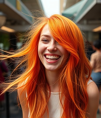 colorful hair, emanating joy, revealing expert strokes of vibrant dyes, photorealistic, within a bustling trendsetting cafe backdrop, highly detailed, strands swaying with gentle breeze, ultra-clear clarity, fiery red and orange, natural daylight streaming, shot with a 35mm lens.