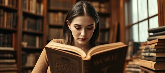 classic eyelash extensions, poised, reading, photorealistic, seated in a vintage library surrounded by books, highly detailed, gentle page flipping, sharp focus, sepia tones, ambient interior lighting, shot with a 24-70mm lens.