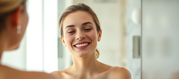 soothing facial benefits, content expression, person admiring their reflection, photorealistic, elegant bathroom with marble accents, highly detailed, reflection and texture play, 85mm lens, pastel shades, natural lighting, shot with a wide-angle lens.