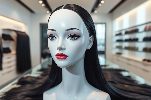 sleek extensions options, thoughtful expression, being exhibited on a mannequin head, photorealistic, high-end showroom with minimalist decor, highly detailed, extensions laid out with flawless precision, 105mm lens, midnight black with iridescent sheen, overhead studio lighting, shot with a 105mm macro lens.