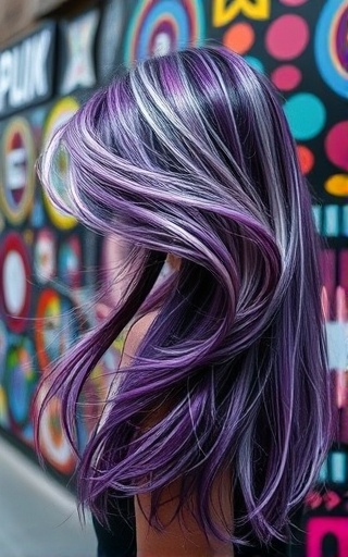 haircolor artistry, telling a story, capturing the depth of hues, photorealistic, against a busy street mural full of patterns and colors, highly detailed, locks fluttering in the wind, vivid resolution, deep purple and silver, street light illumination, shot with a 24mm lens.