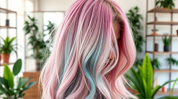 haircolor techniques, demonstrating skill, seamlessly mixing multiple colors, photorealistic, inside a sophisticated boutique space dotted with plants, highly detailed, hair gently tousled, sharp image quality, pastel pink and aquamarine, soft morning light, shot with a macro lens.