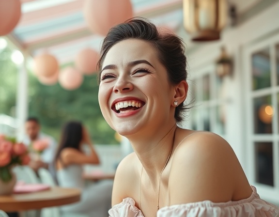 eyelash extensions beauty, joyful, laughing, photorealistic, pastel-themed open cafe with hanging lanterns, highly detailed, gentle breeze causing delicate lash movements, high contrast, soft pinks and creams, afternoon light, shot with a 70-200mm lens.