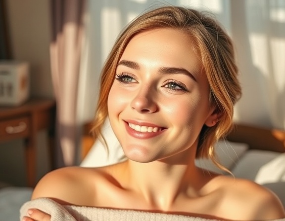 natural eyelash extensions, tranquil, smiling, photorealistic, portrait in a cozy bedroom setting, highly detailed, sunlight streaming through sheer curtains, f/2.8, earth tones, warm morning light, shot with a 35mm lens.