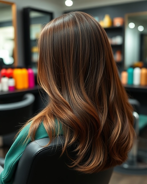 sleek color correction, focused, adjusting hair tone, photorealistic, in a modern stylist studio with colorful product bottles, highly detailed, spinning salon chair, muted emerald and deep brown, soft ambient lighting, shot with a 50mm lens.