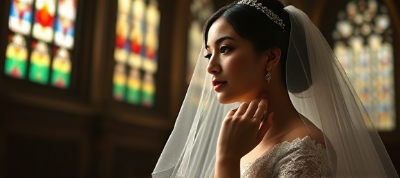 luxurious bridal styling, contemplative, adjusting the veil, photorealistic, in a cathedral's bridal chamber with stained glass windows, highly detailed, sunlight creating colorful patterns, exquisite sharpness, pearl white, diffused soft light, shot with a macro lens