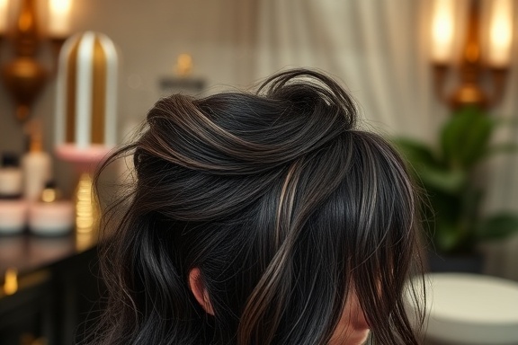 sophisticated hair repair, thoughtful, nurturing damaged hair, photorealistic, in a tranquil private room with elegant decor, highly detailed, gentle hair steam rising, satin ebony and ivory hues, gentle focus lighting, shot with a telephoto lens.