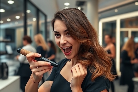 meticulous salon styling, excited expression, stylist using a hairbrush, photorealistic, sleek urban salon with glass windows, highly detailed, clients waiting in the background, medium shot, bold colors, ambient lighting, shot with a 50mm lens.