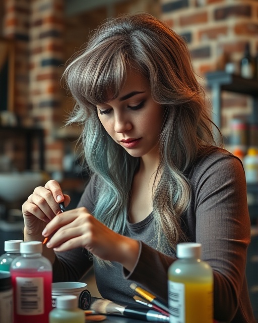 distinctive hair dyeing, concentrated expression, stylist mixing dyes, photorealistic, rustic salon interior with exposed brick walls, highly detailed, bottles and brushes scattered around, close-up, pastel hues, warm lighting, shot with an 85mm lens.