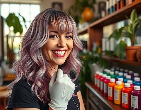 intricate haircoloring, joyful expression, hairstylist with gloves, photorealistic, vintage salon adorned with plants, highly detailed, colorful dye bottles lined up, medium wide shot, rich colors, soft natural lighting, shot with a 24mm lens.