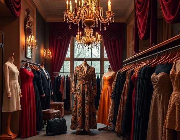 sophisticated occasion styling, delighted, selecting attire, photorealistic, in a vintage boutique with velvet drapes and chandeliers, highly detailed, fabrics shimmering softly, sharp contrast, warm undertones, ambient lighting, shot with an 85mm lens