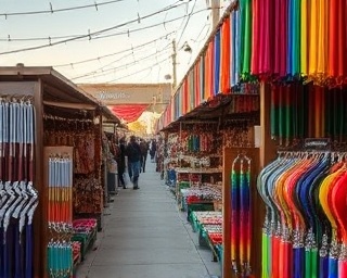 colorful extensions variety, cheerful expression, being displayed creatively, photorealistic, vibrant marketplace with artisan crafts, highly detailed, hues intermingling in an artistic spread, 24mm lens, spectrum of rainbow colors, ambient twilight lighting, captured with a 24mm wide-angle lens.