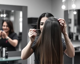 dedicated hair stylist, confident smile, styling a client's hair, photorealistic, salon environment with modern decor and well-lit, highly detailed, reflection in mirror showing stylist's back, neutral grayscale, soft shadows, shot with an 85mm lens