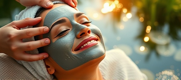 relaxed facial care session, blissful expression, mask being applied, photorealistic, tranquil setting with lush greenery, highly detailed, sparkling water reflections, 70mm lens, vibrant and earthy colors, golden hour lighting, shot with a telephoto lens.